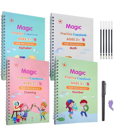 Kids Magic Practice Book – Set of 4 + 10 Refills (Reusable Learning Books)